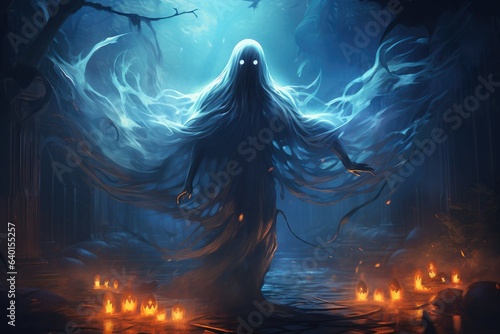 Mystery scary ghost with halloween background. Generative AI