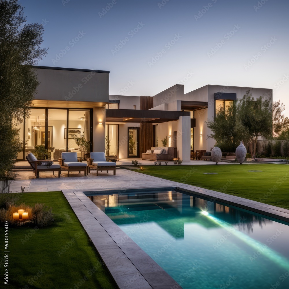 Contemporary Villa with Pool and Garden. Generative AI Contemporary Villa with Pool and Garden. Generative AI