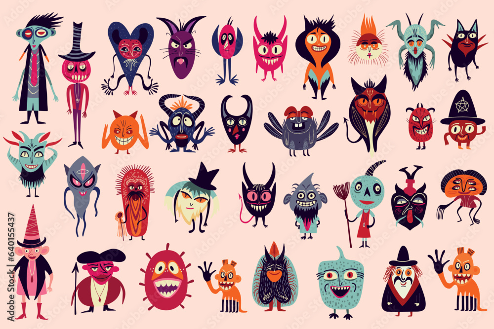 Naklejka premium A set of vibrant strange charming Halloween characters. bizarre comic magical mystical funny characters for Halloween.