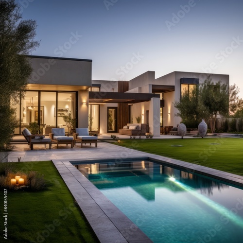 Contemporary Villa with Pool and Garden. Generative AI © BraveSpirit