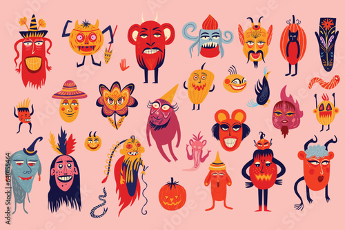 A set of vibrant strange charming Halloween characters. bizarre comic magical mystical funny characters for Halloween.