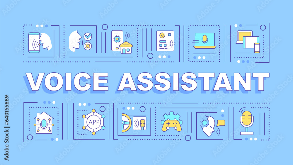 Voice assistant text with various thin line icons concept on blue monochromatic background, editable 2D vector illustration. Voice assistant text with various thin line icons concept on blue monochromatic background, editable 2D vector illustration.