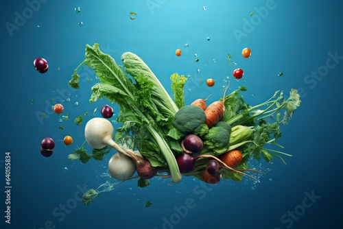 Vegetables Splash on Bluee Background photo