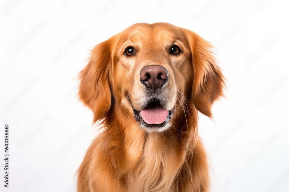 Portrait of pretty golden retriever dog isolated on white background