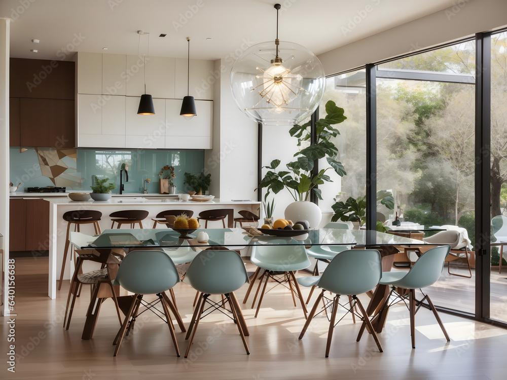 modern dining room interior design with big table and lots of chairs, outdoor window view