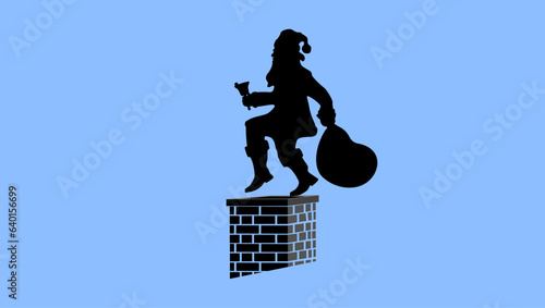 santa claus sneaks up, Santa Claus stands on the chimney with a bell and gifts