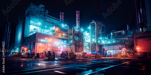 Nighttime scene of an illuminated industrial zone with lights and machinery in operation. Generative Ai
