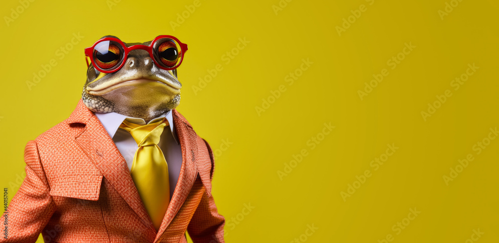 Cool looking frog wearing funky fashion dress - jacket, tie, glasses. Wide banner with space for text right side. Stylish animal posing as supermodel. Generative AI