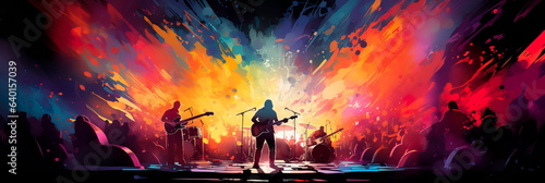 Energetic risographic illustration of a music band performing on stage, with dynamic movements and electrifying atmosphere. Generative AI