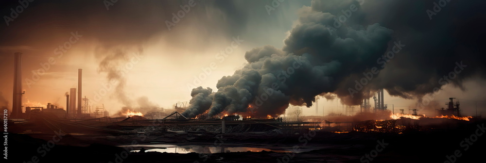 industrial factory spewing thick, black smoke into the atmosphere, contributing to air pollution. Generative AI