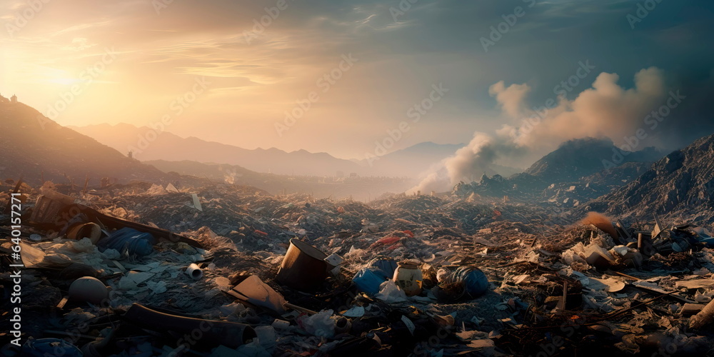 sprawling landfill site overflowing with mountains of discarded plastic waste, highlighting the issue of plastic pollution. Generative AI - obrazy, fototapety, plakaty 