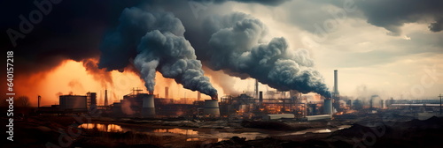 industrial factory spewing thick, black smoke into the atmosphere, contributing to air pollution. Generative AI