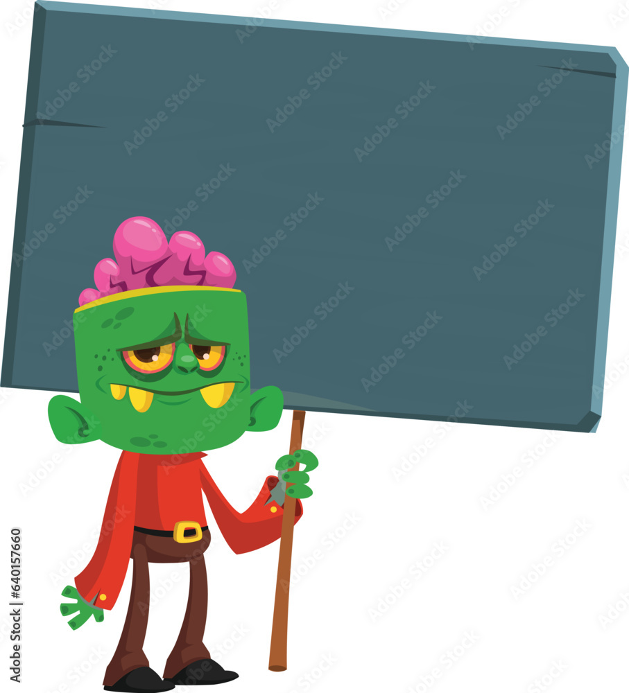 Fototapeta premium Cartoon zombie holding wooden sign. Vector illustration isolated. .Halloween design element for banner, postcard, poster.