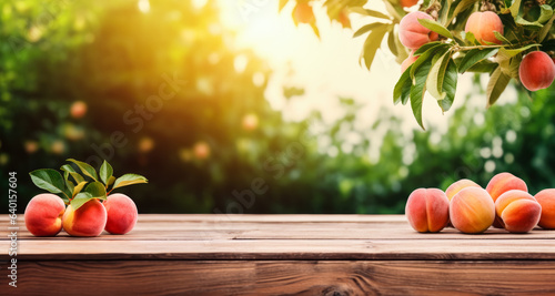 Empty rustic old wooden boards table copy space with peach trees orchard in background. Some ripe fruits on desk. Product display template. Generative AI photo