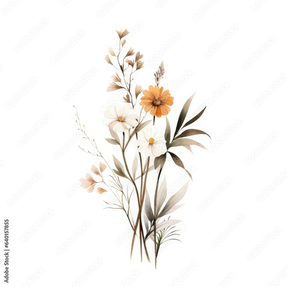 Simple wildflowers art watercolour botanical boho on top of white background.