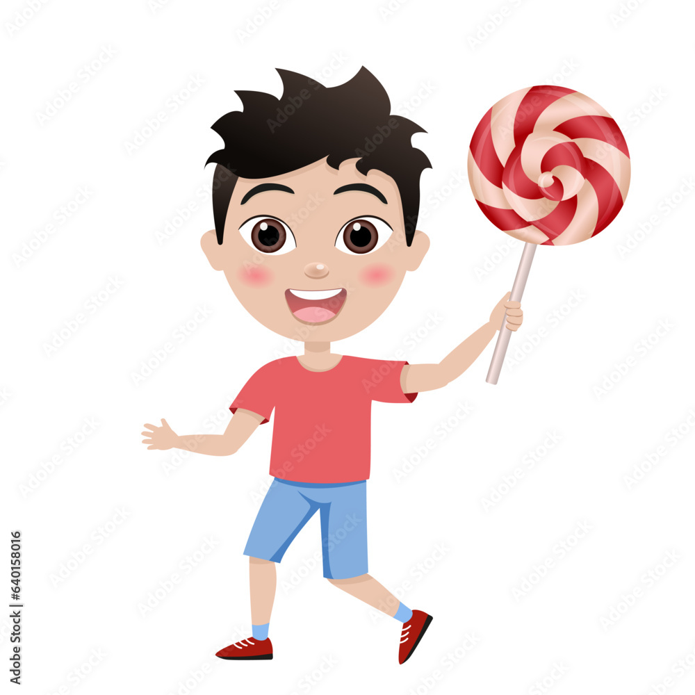 child licks lollipop. happy cute little kid boy and girl eat candy and sweets. Unhealthy eating. Lollipop. Handsome asian boy. People character child licks lollipop. happy cute little kid boy and girl eat candy and sweets. Unhealthy eating. Lollipop. Handsome asian boy. People character
