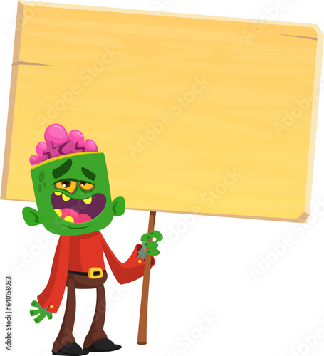 Cartoon zombie holding wooden sign. Vector illustration isolated. .Halloween design element for banner, postcard, poster.