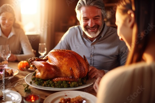 The close-up side view of a delectable roasted turkey sets the stage for a Thanksgiving feast filled with love, gratitude, and shared moments. AI generated