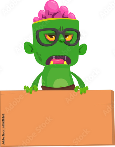 Cartoon zombie holding blank paper banner for text. Vector illustration. Isolated..Halloween design element for banner, postcard, poster.