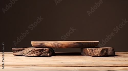 Rustic wood pieces podium. Background for perfume, jewelery and cosmetic products. Front view. AI generative