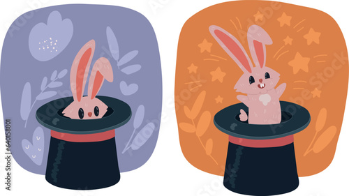 Vector illustration of Wizard conjure cylinder. Magic hat with bunny ears. Magician hat with rabbit. Circus show, abracadabra wand. Magic rabbit in hat, bunny trick