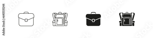 Backpack and bag outline and flat icon set. Schoolbag for stationery symbol collection.