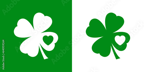 Día de San Patricio. Logo con silueta de trébol de 4 hojas con corazón en espacio negativo