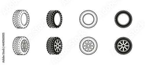 Wheel tires vector icon set. Black outline and flat car rubber wheels.
