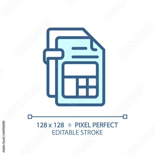 2D pixel perfect editable blue income tax report icon, isolated vector, thin line document illustration.