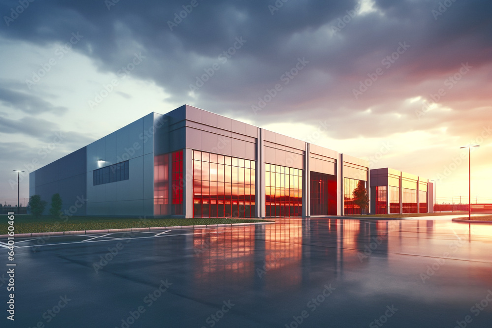 Obraz premium Modern big warehouse building facility exterior with windows at sunset