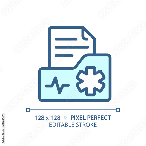 2D pixel perfect editable blue medical record icon, isolated vector, thin line document illustration.