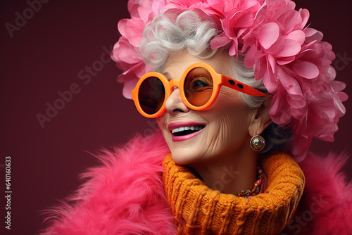 Happy, cool, fashionable old lady in outrageous clothes and sunglasses.