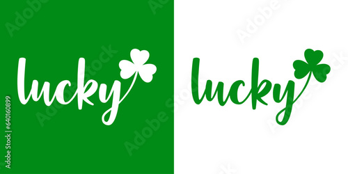 Día de San Patricio. Logo aislado con letras palabra lucky en texto manuscrito con silueta de trébol de 3 hojas