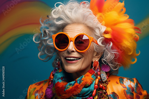 Happy, cool, fashionable old lady in outrageous yellow clothes and sunglasses.