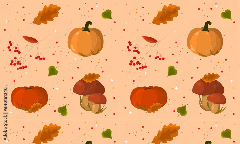 Seamless Autumn Pattern with Pumpkins, Thanksgiving, Plant, Nature Background, Vector Seamless Autumn Pattern with Pumpkins, Thanksgiving, Plant, Nature Background, Vector