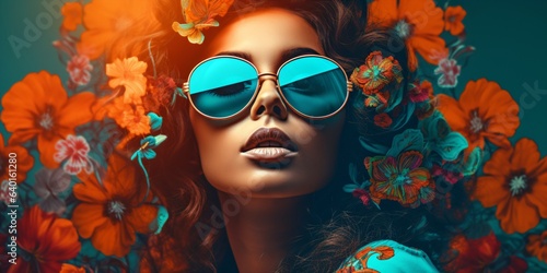a beautiful flower power woman with cool sunglasses