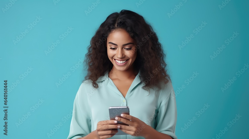 Young adult smiling happy pretty latin woman holding mobile phone looking at smartphone, typing message doing ecommerce shopping on cell, isolated on blue background - generative AI, fiction Person Young adult smiling happy pretty latin woman holding mobile phone looking at smartphone, typing message doing ecommerce shopping on cell, isolated on blue background - generative AI, fiction Person