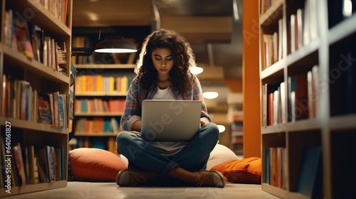 Girl student using laptop computer sitting on floor among bookshelves in university campus library hybrid learning online, doing college course study or research - generative AI, fiction Person