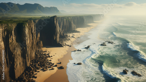 Drone shot of the beach in the style of gravity-defying landscapes  ai generated.