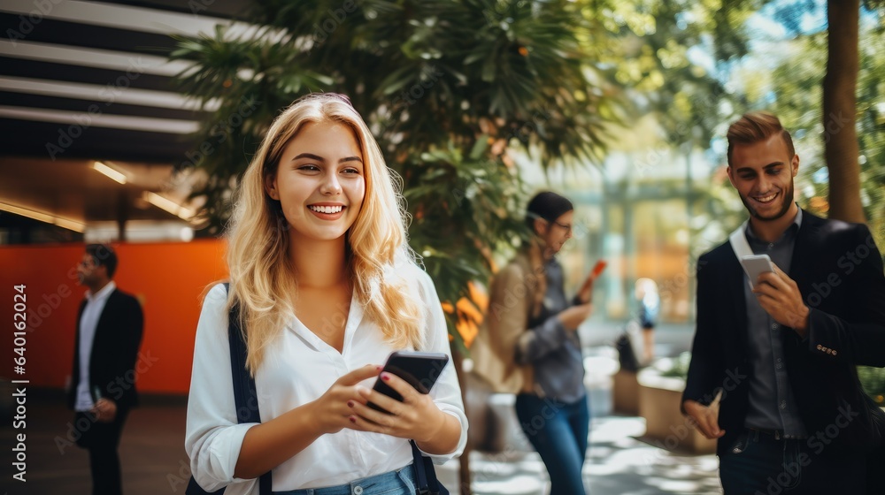Happy young woman holding cellphone making call, smiling pretty blonde girl student talking on cell phone standing in university campus or coworking office - generative AI, fiction Person Happy young woman holding cellphone making call, smiling pretty blonde girl student talking on cell phone standing in university campus or coworking office - generative AI, fiction Person