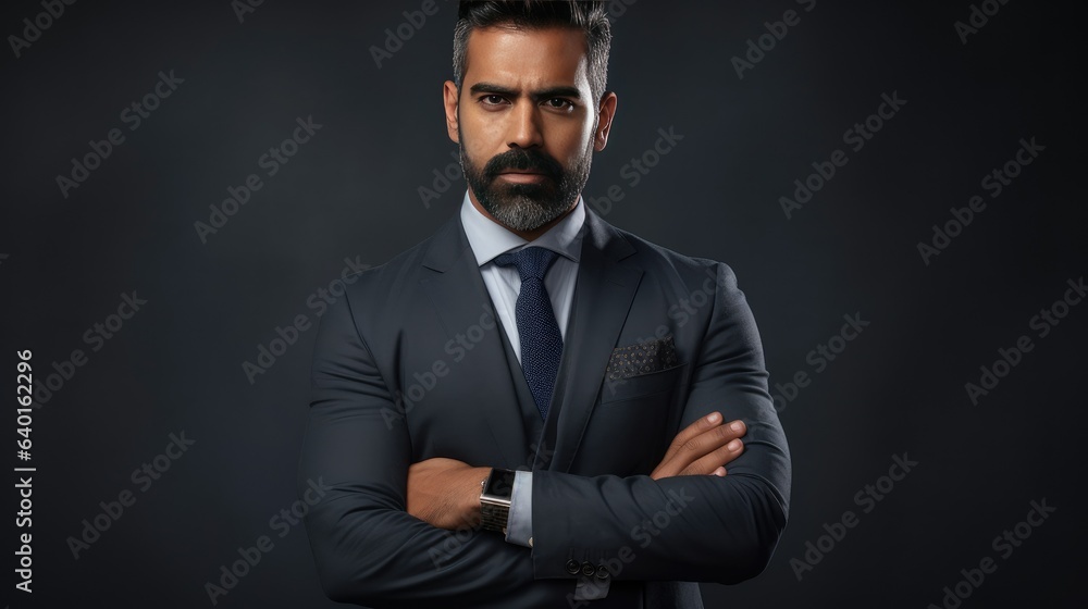 Proud confident bearded indian business man investor, rich ethnic ceo, corporate executive, professional lawyer banker, male office employee standing isolated on gray - generative AI, fiction Person Proud confident bearded indian business man investor, rich ethnic ceo, corporate executive, professional lawyer banker, male office employee standing isolated on gray - generative AI, fiction Person