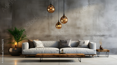 White wall with plain concrete accents. Gray sofa