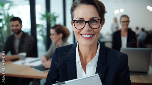 Fototapeta Naklejka Na Ścianę i Meble -  Smiling mature business woman hr holding cv at job interview. Happy mid aged professional banking financial manager, insurance agent, lawyer consulting clients - generative AI, fiction Person