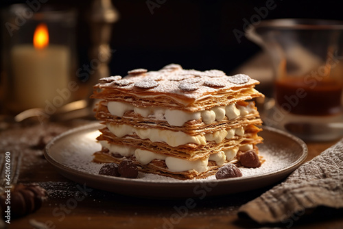 mille-feuille / Napoleon / Vanilla slice / Custard Slice dessert served on a plate  photo