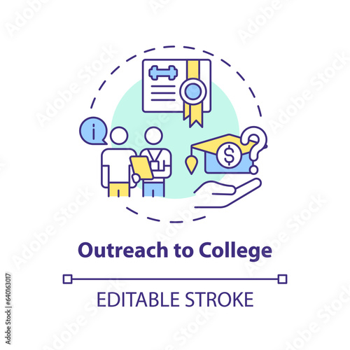 2D editable outreach to college thin line icon concept, isolated vector, multicolor illustration representing athletic scholarship.