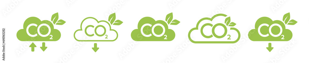 CO2 emission reduction neutrality concept icon set. Cloud shape banners with zero footprint, CO2 neutral. Green eco friendly stop global warming. Vector CO2 emission reduction neutrality concept icon set. Cloud shape banners with zero footprint, CO2 neutral. Green eco friendly stop global warming. Vector