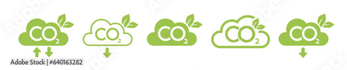 CO2 emission reduction neutrality concept icon set. Cloud shape banners with zero footprint, CO2 neutral. Green eco friendly stop global warming. Vector
