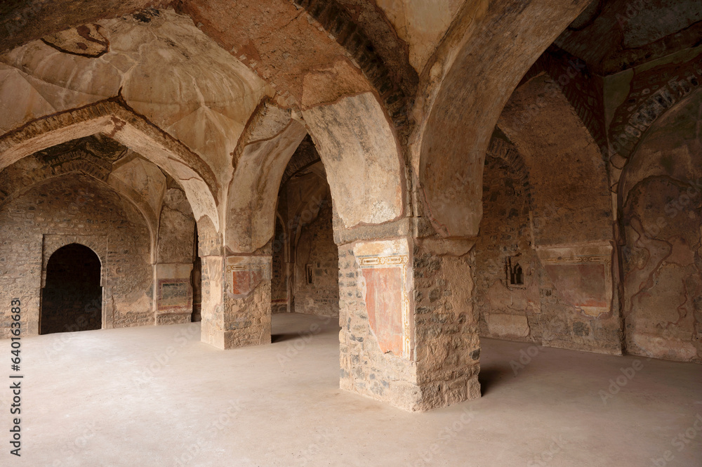 Interiors of Nahar Jharokha, situated in the fort, built by Sultan Ghiyasuddin Khilji, Mandu, Madhya Pradesh, India