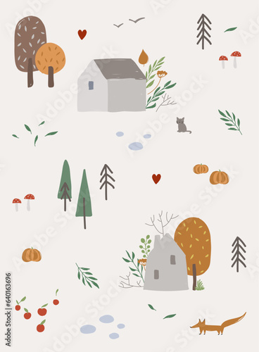 Loving autumn illustration. Set of the countryside house, lake, garden and pumpkins