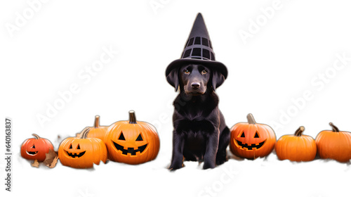 dog on halloween with pumpkins on transparent background